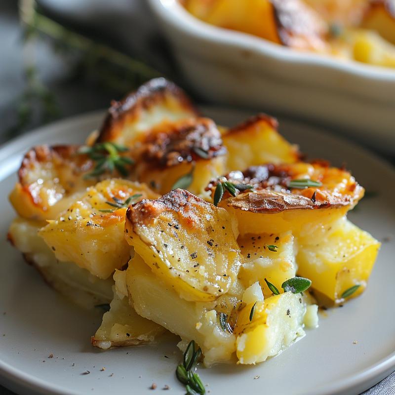 Close-up of a portion of baked potato casserole on a light grey plate.