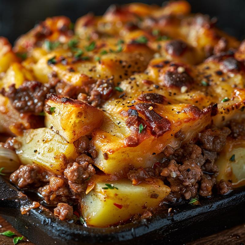 Close-up of a hearty ground beef and potatoes casserole on a rustic wooden table.