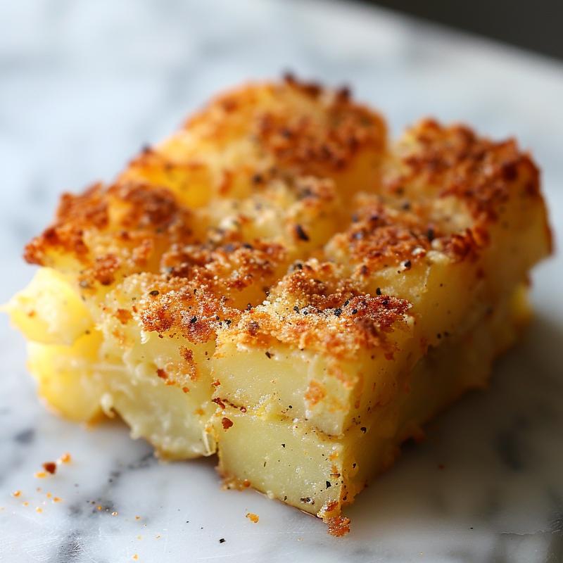 Close-up of a crispy potato casserole bake on a marble surface.