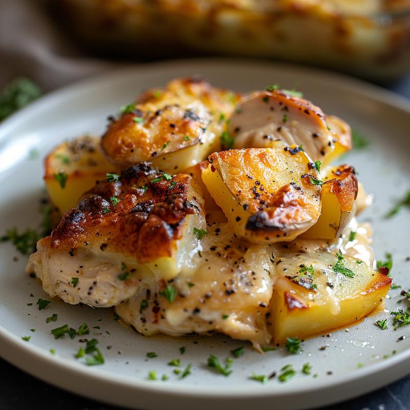 Close-up of a portion of chicken and potato casserole on a light grey ceramic plate.