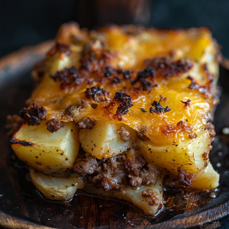 Close-up image of a portion of hamburger potato casserole highlighting its layers and textures on a dark wooden table.