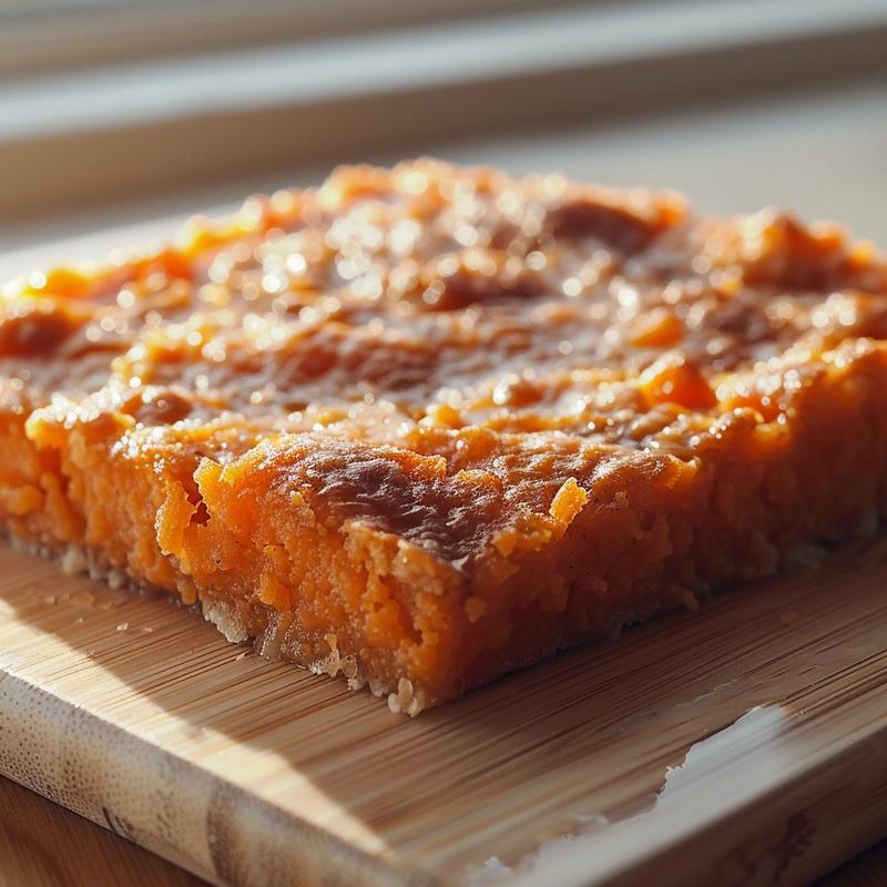Close-up of a creamy sweet potato casserole made with canned yams, served on a light wood board.