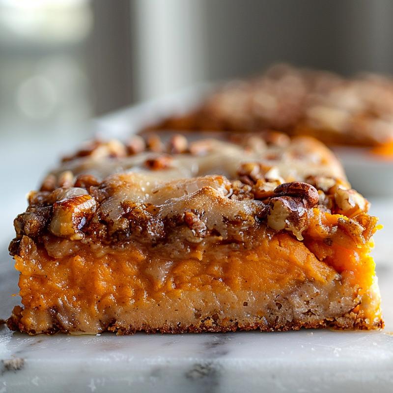 Close-up of a portion of sweet potato casserole with a golden-brown topping on a white marble surface.