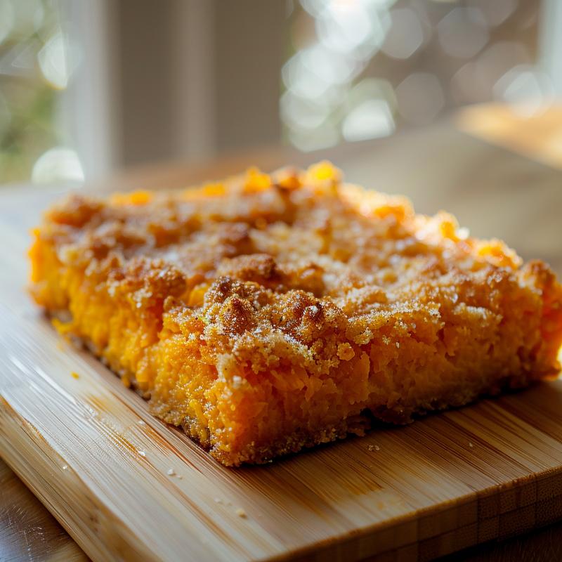Close-up of a delicious portion of sweet potato casserole on a light wooden board.