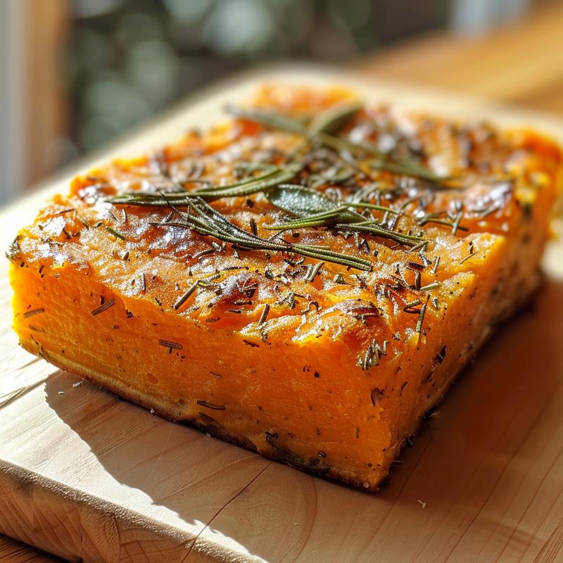 Close-up of a perfectly baked rosemary sage sweet potato casserole on a wooden board.