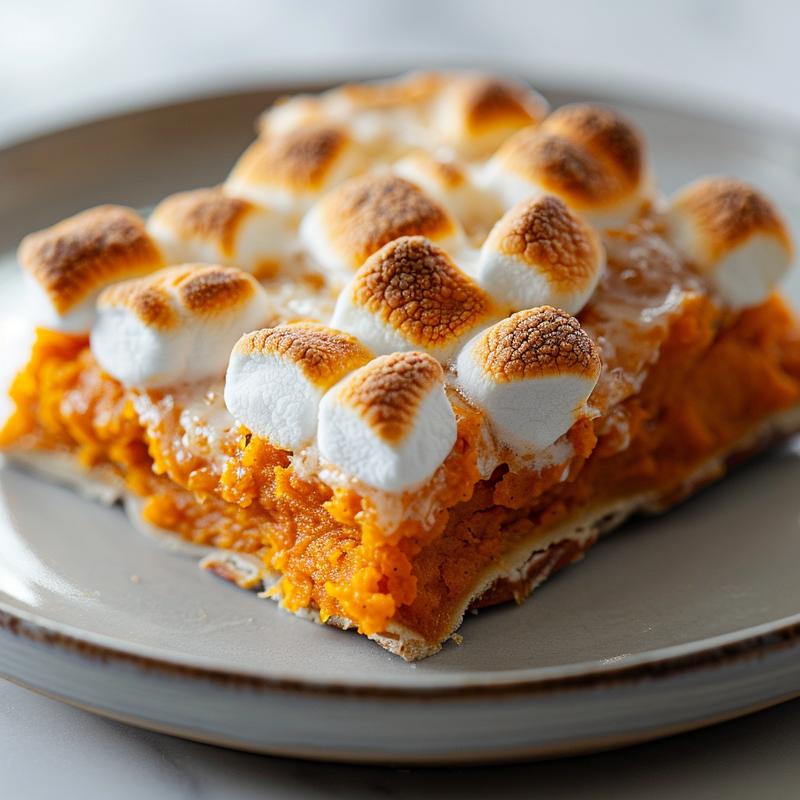A close-up view of a portion of sweet potato casserole topped with golden marshmallows on a light grey ceramic plate.