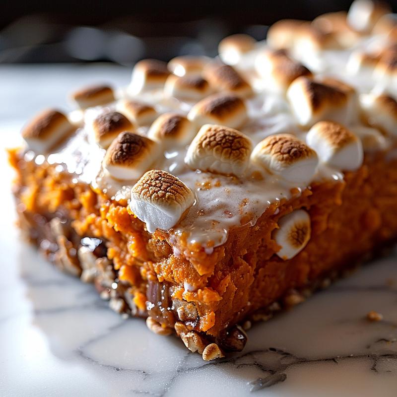 Close-up of a creamy sweet potato casserole topped with golden marshmallows, beautifully styled on a marble surface.