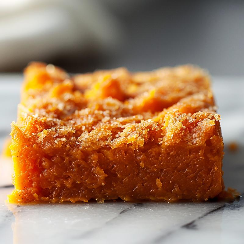 Close-up view of a served portion of healthier sweet potato casserole on a marble surface.