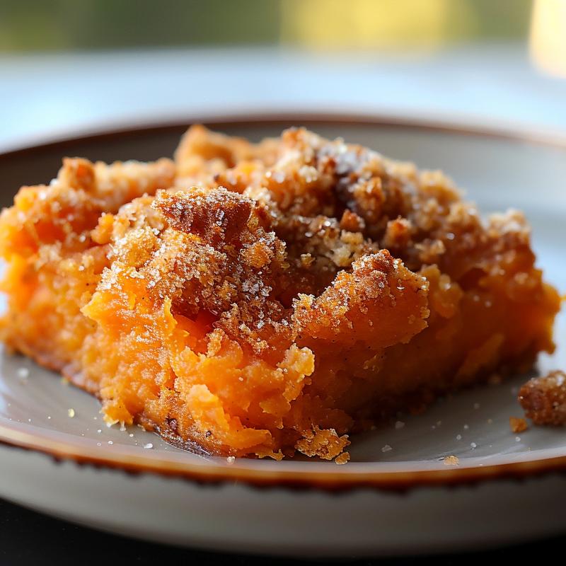 Close-up of a portion of healthier sweet potato casserole on a light grey plate.