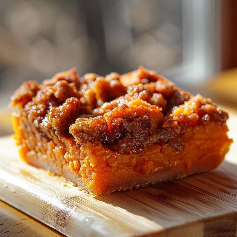 Close-up of a savory sweet potato casserole with a golden-brown topping on a wooden board.