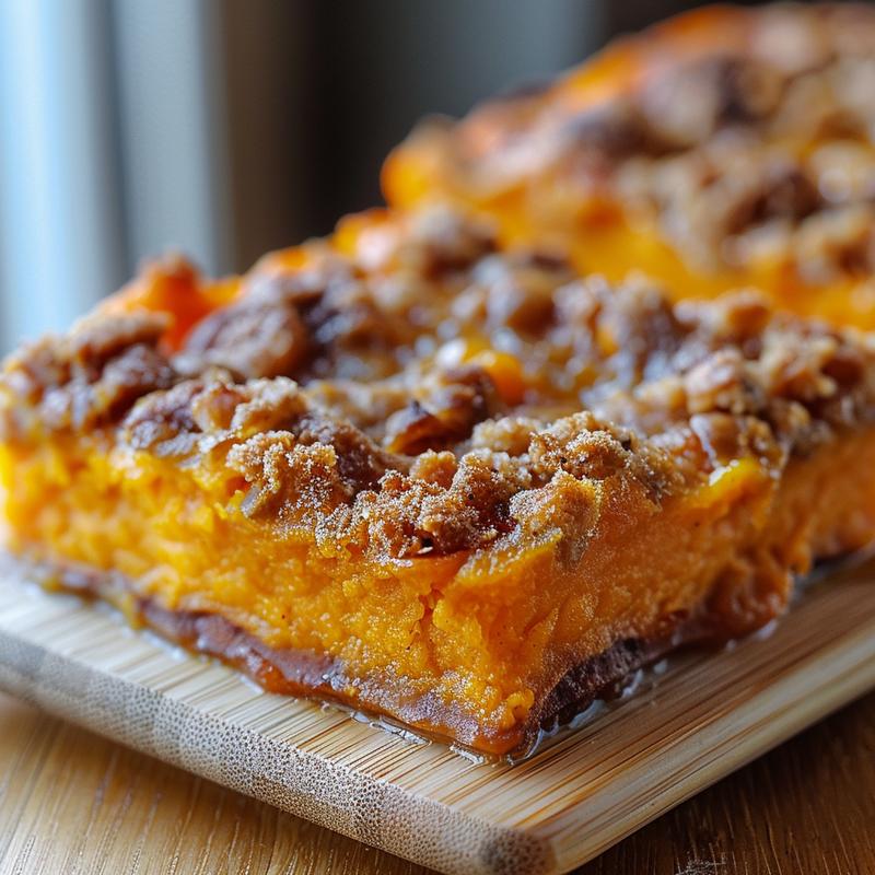 Close-up of a creamy sweet potato casserole with a golden-brown topping on a wooden board.
