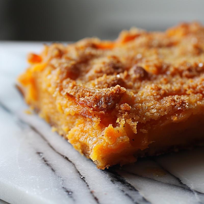 Close-up of a portion of sweet potato casserole with a creamy texture and golden-brown topping.