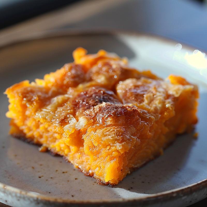 Close-up of a creamy, golden-brown southern sweet potato casserole on a light grey plate.