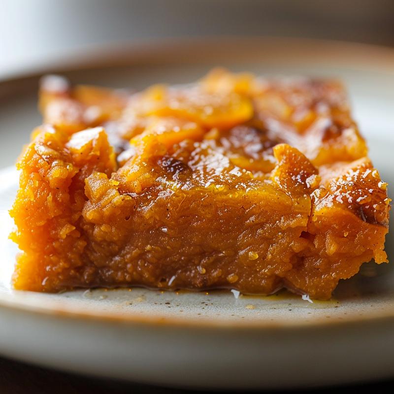 A close-up of a creamy sweet potato casserole on a light grey ceramic plate, showcasing its texture.