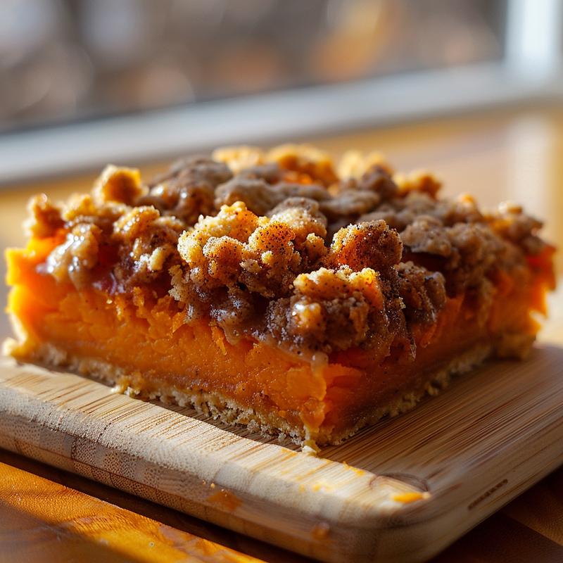 Close-up of a portion of sweet potato streusel casserole on a wooden board.
