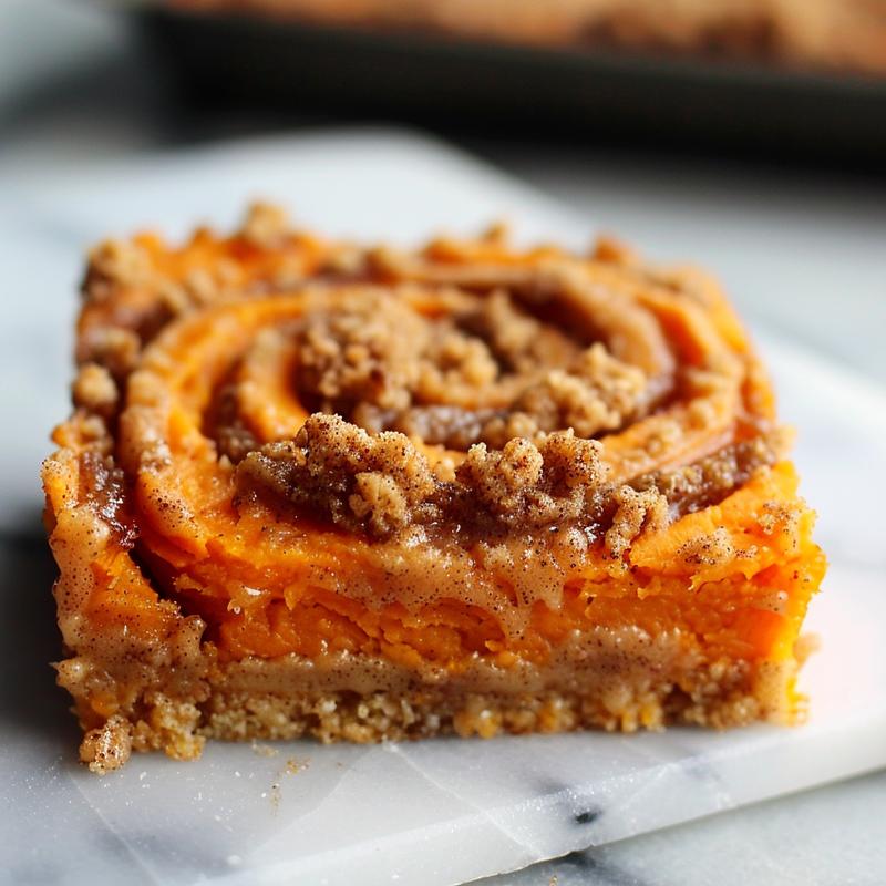 Close-up of a portion of cinnamon streusel swirled maple sweet potato casserole on a white marble surface.