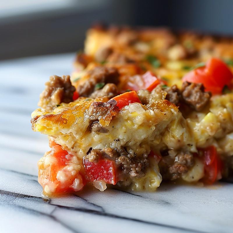 Close-up of a delicious portion of breakfast casserole on a white marble surface.