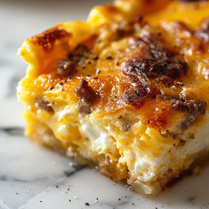 A close-up of a cheesy breakfast casserole with a golden top, showcasing its savory ingredients.
