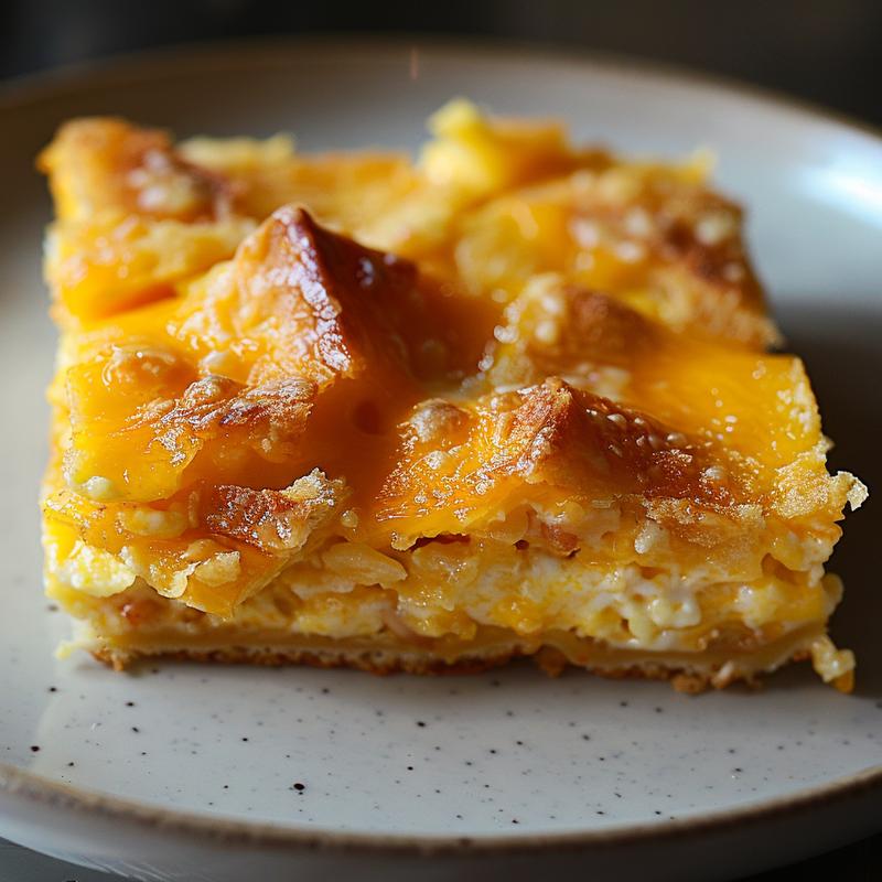 Close-up of a cheesy breakfast casserole on a light grey plate, showcasing texture and savory ingredients.
