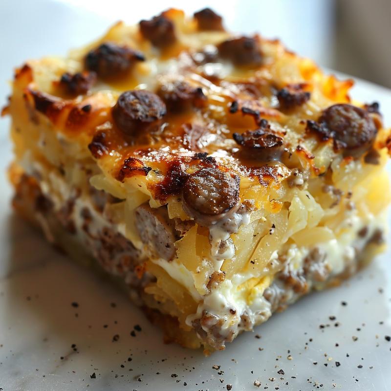A close-up view of a creamy sausage and egg hashbrown casserole on a white marble surface.