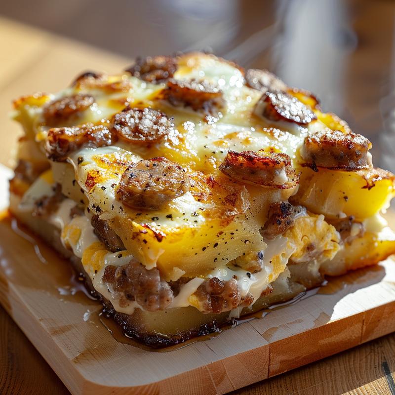 A close-up of a creamy sausage egg and hashbrown casserole on a wood board.