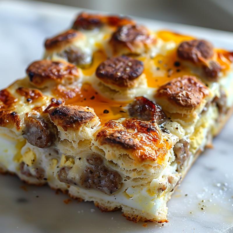 Close-up of a delectable sausage egg biscuit casserole on a marble surface, showcasing its textures.