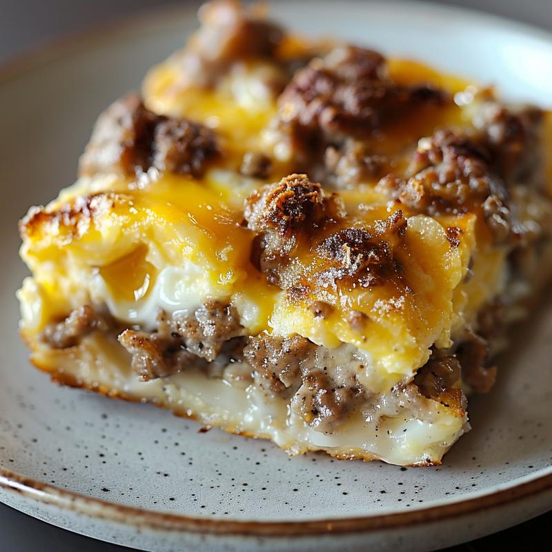 Close-up of a hearty sausage casserole with egg mix on a grey ceramic plate.