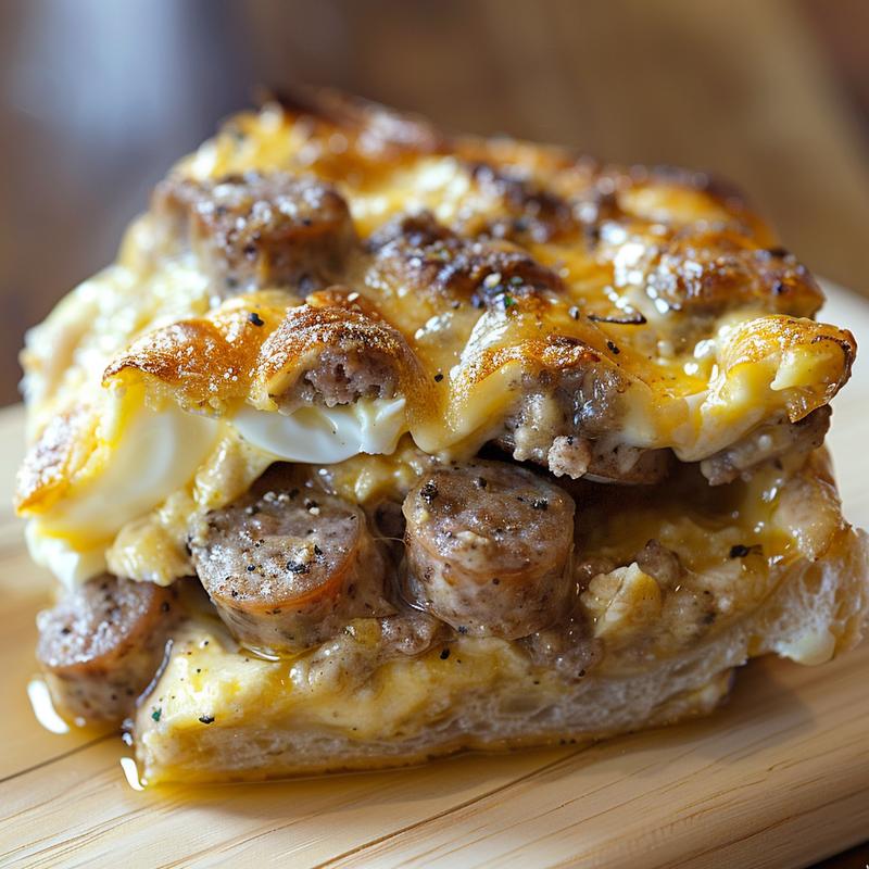 A close-up of a hearty sausage casserole featuring a flavorful egg mix on a wooden board.