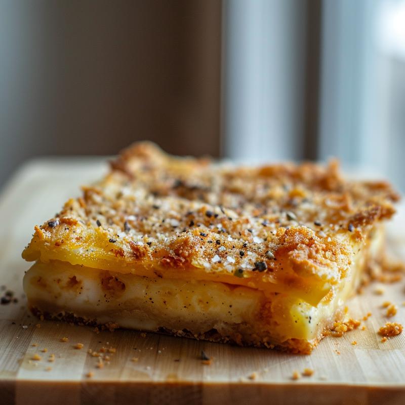 Close-up view of a slice of make-ahead crack breakfast casserole displayed on a light wood board.