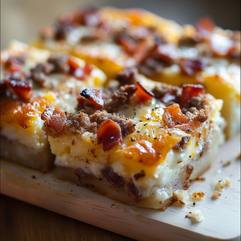 A close-up view of a golden-brown portion of breakfast casserole on a light wood board.