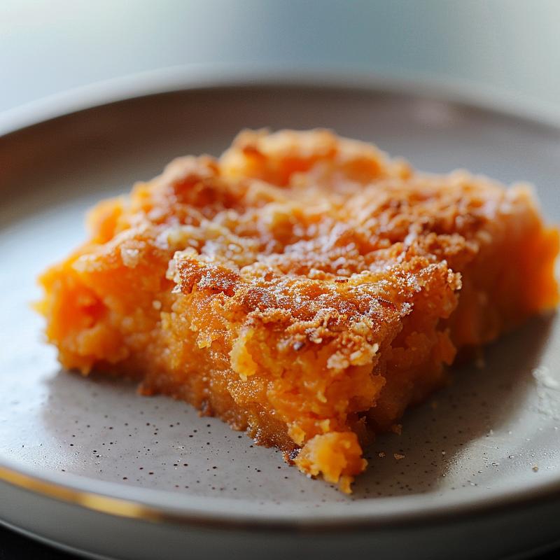 Close-up view of a portion of crack breakfast casserole on a light grey ceramic plate.