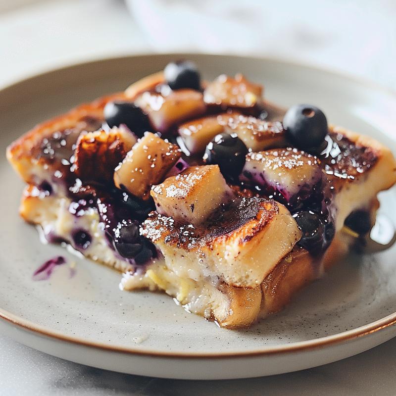 Close-up of a slice of blueberry lemon French toast casserole on a light gray plate.