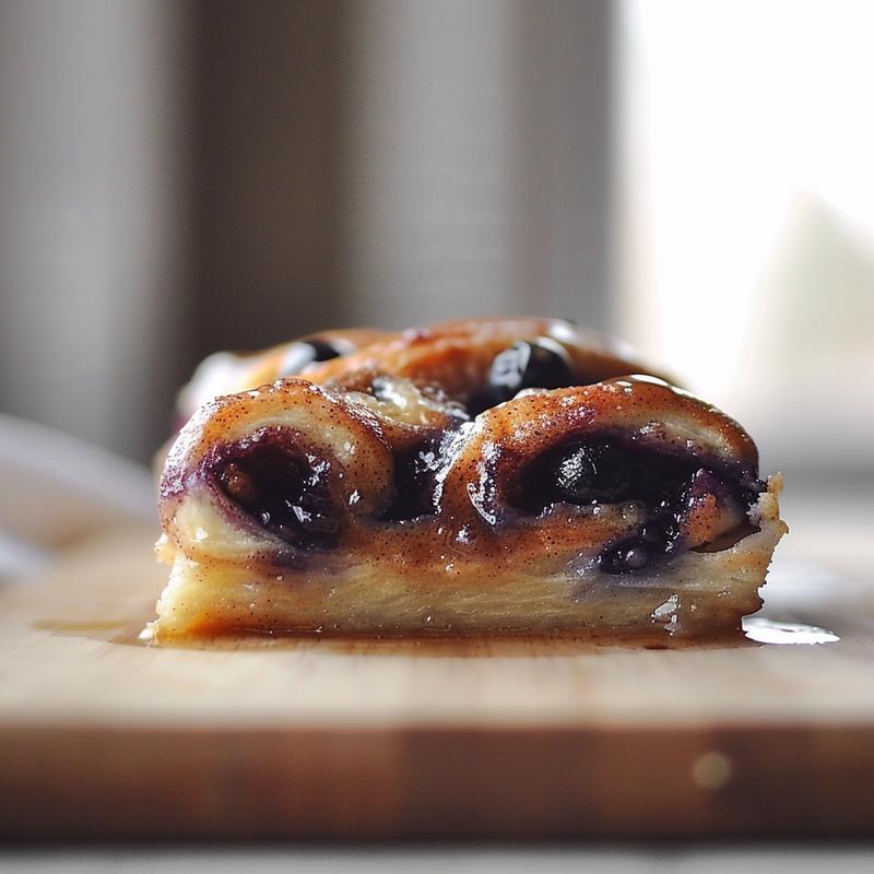 Close-up of a serving of blueberry cinnamon roll casserole on a wood board, showcasing its texture and color.