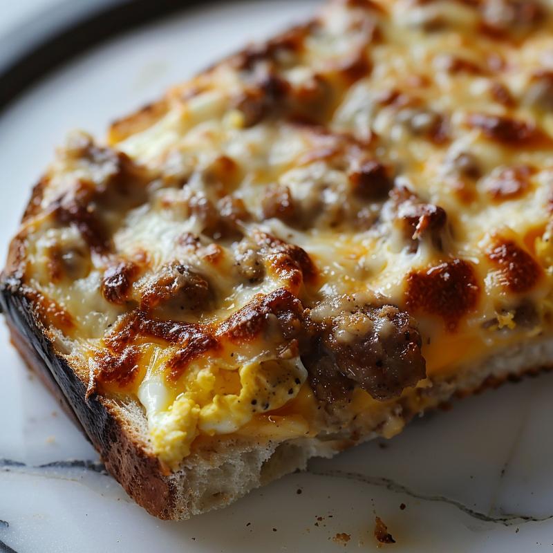Close-up of a slice of cheesy sausage and egg breakfast casserole on a white marble surface.
