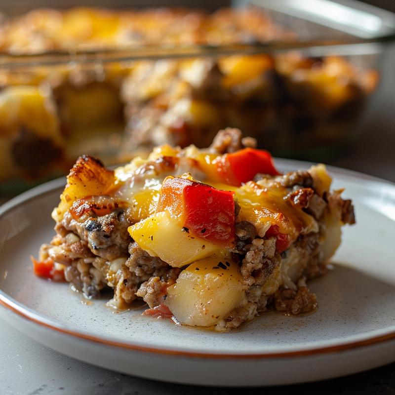 Close-up of a portion of Amish breakfast casserole on a light grey ceramic plate, showcasing its texture.