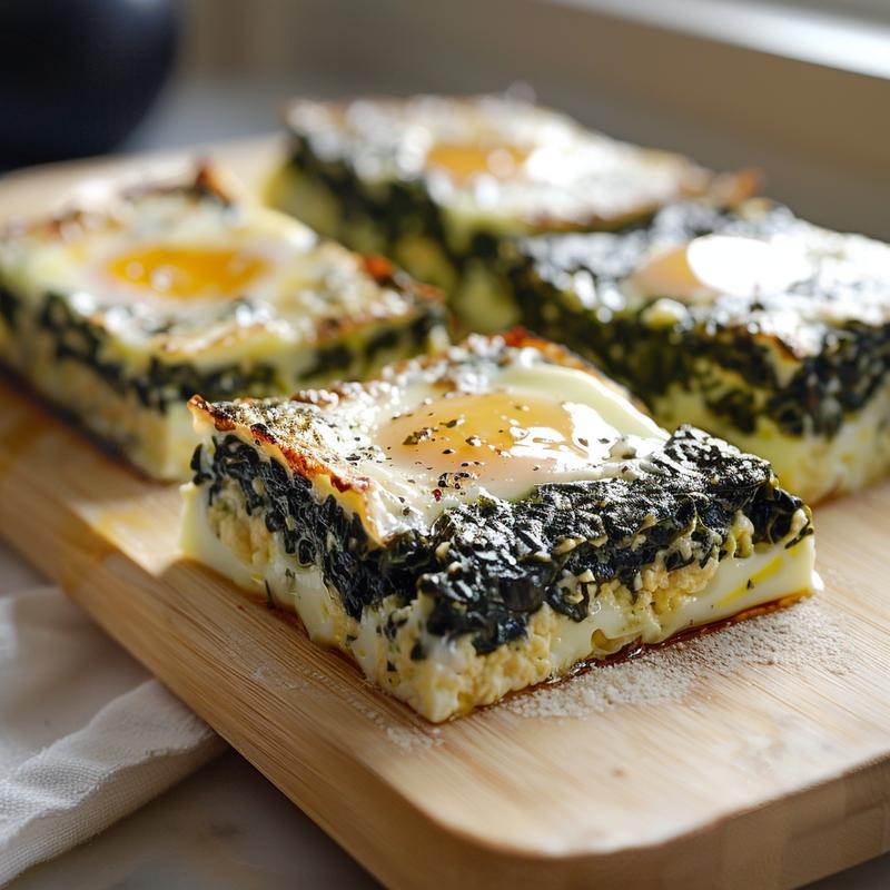 Close-up of a slice of spinach cottage cheese egg bake on a light wooden surface.