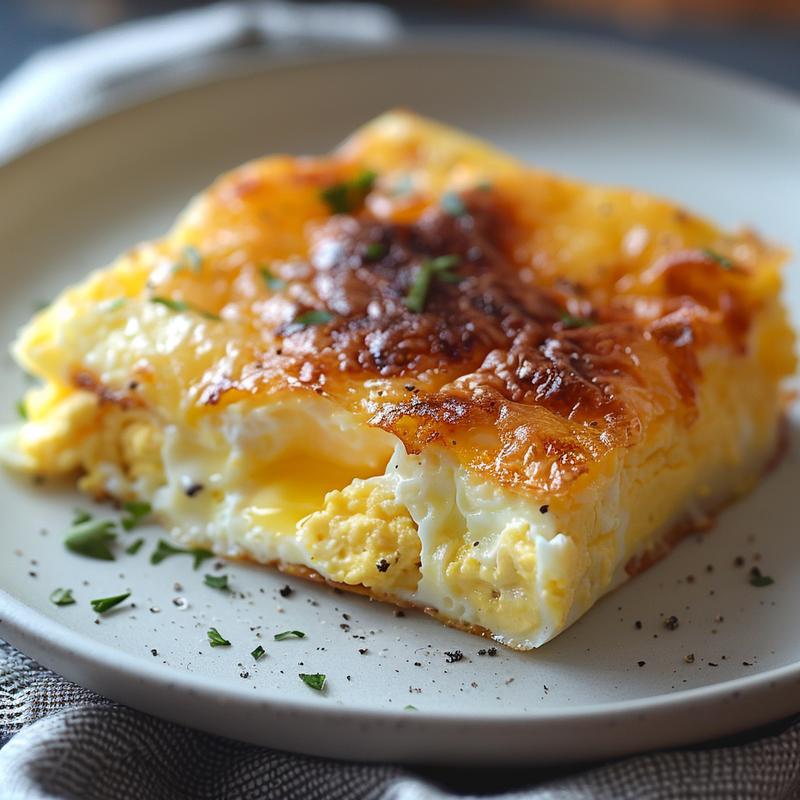Close-up of creamy cottage cheese egg bake casserole on a light grey plate.