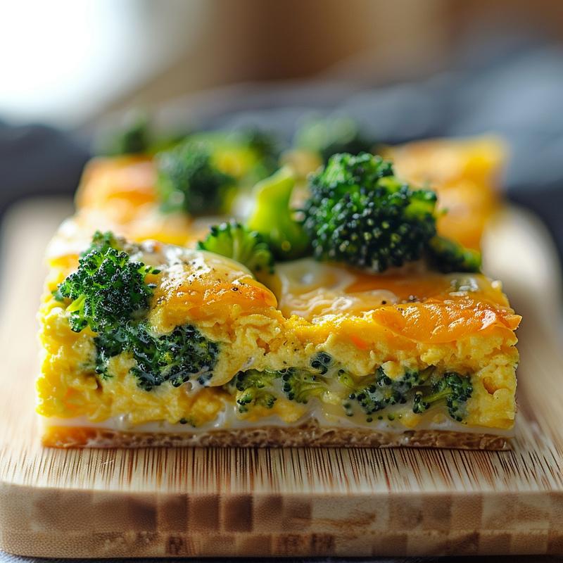 Close-up of a cheesy broccoli egg bake, showcasing its texture on a wooden board.