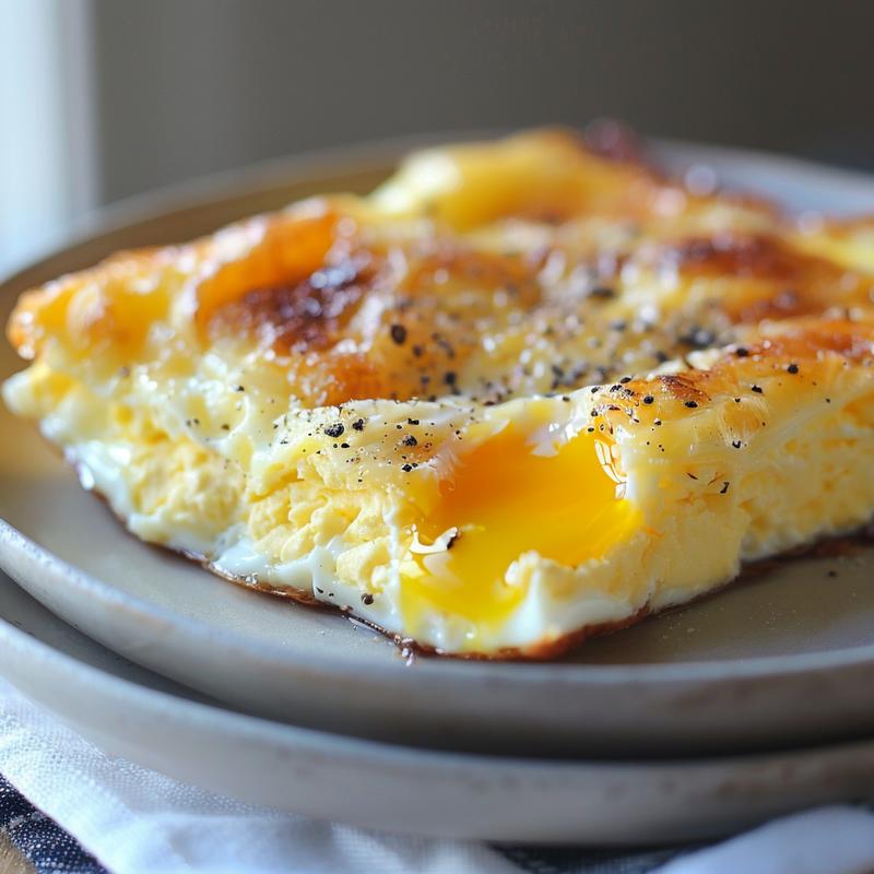 Close-up of a single serve cottage cheese egg bake on a light grey ceramic plate.
