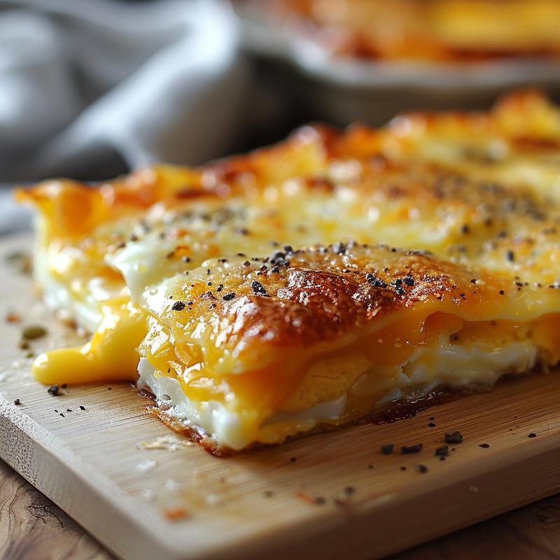 Close-up of a cheesy egg bake portion on a minimalist wood board.