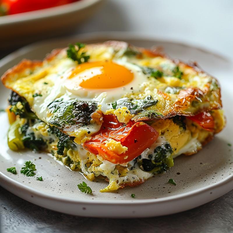 Close-up of a slice of high-protein veggie egg bake on a light grey ceramic plate.