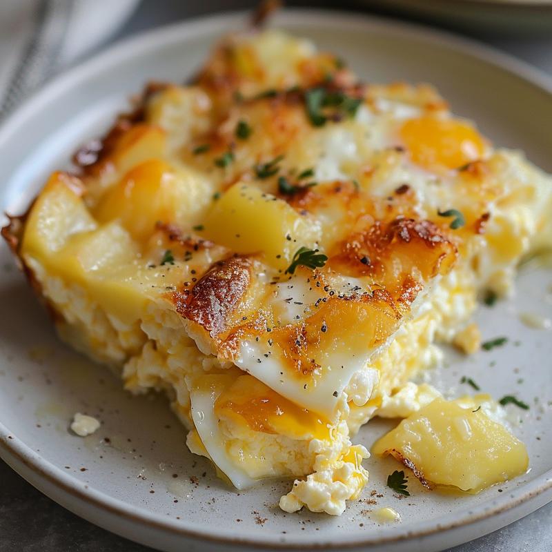 Close-up of a portion of cottage cheese egg bake on a light grey plate.