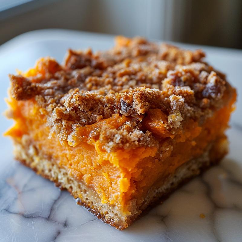 Close-up of a creamy sweet potato casserole with a crispy topping on a white marble surface.