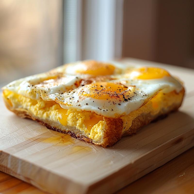 A close-up of a portion of cottage cheese egg bake on a wooden board, highlighting its creamy texture.
