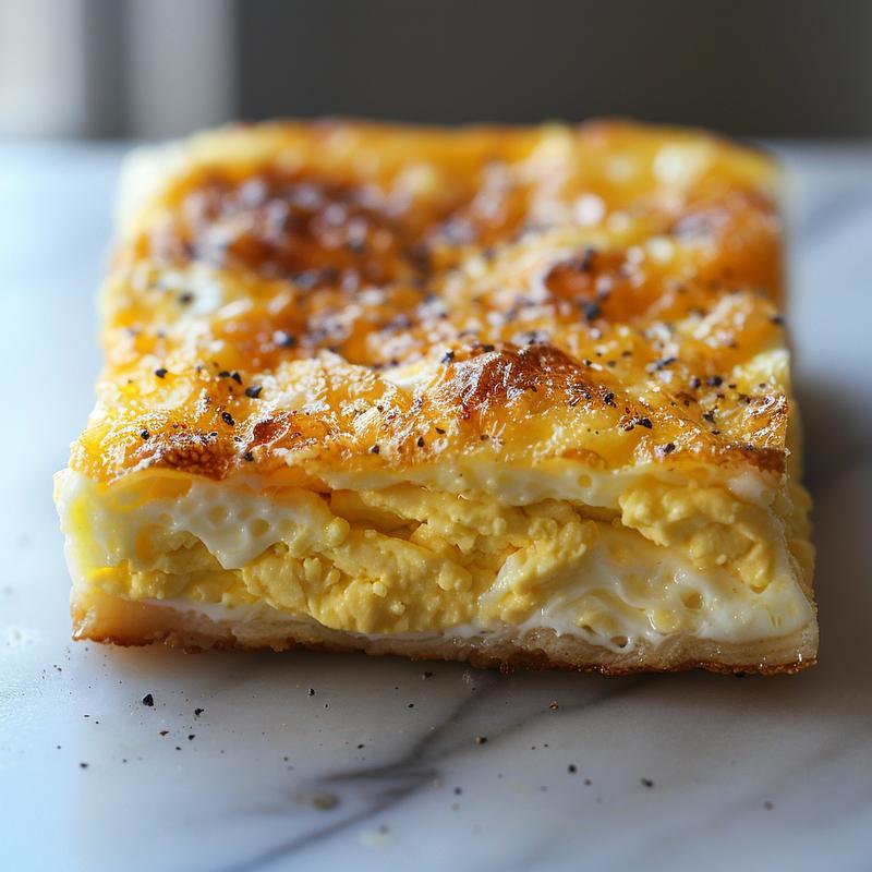 Close-up view of a creamy high protein cottage cheese egg bake on a marble surface.