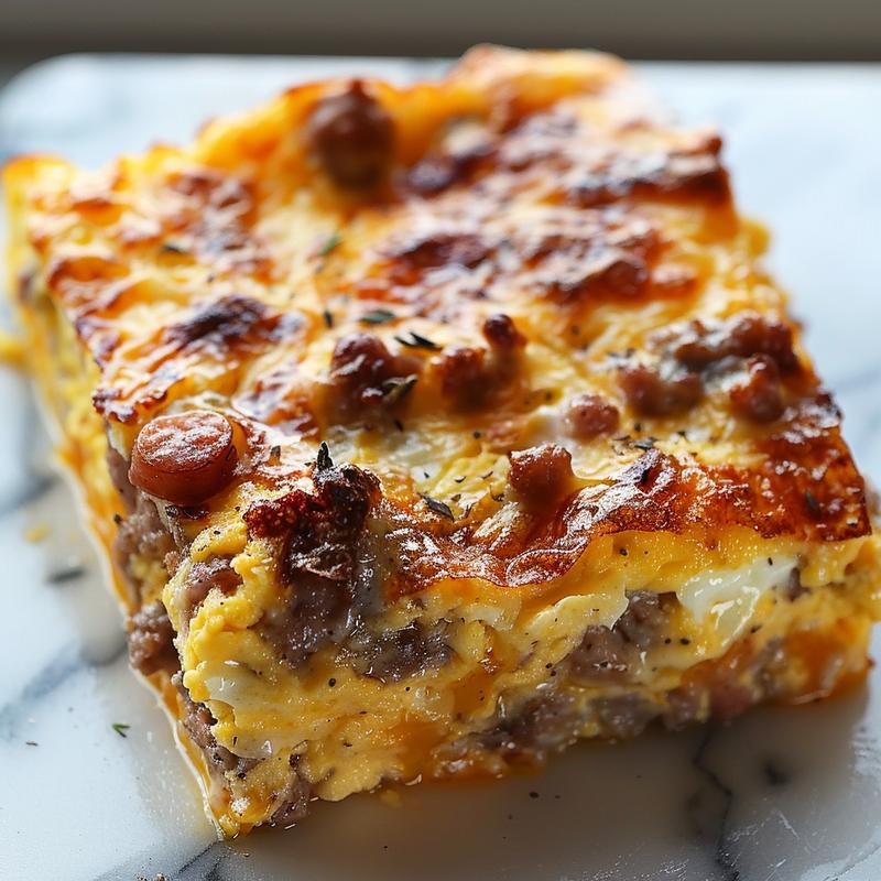 A close-up view of a perfectly baked sausage and egg casserole on a marble surface.