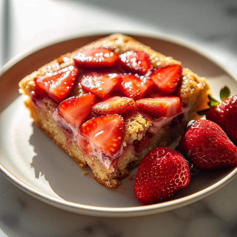 Close-up of a slice of strawberry dump cake topped with fresh strawberries on a white marble plate.