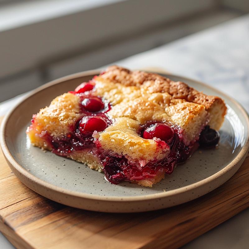 A close-up of a slice of cherry dump cake on a wooden board, highlighting its texture and color.