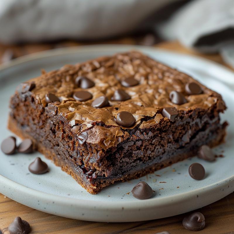A close-up of a moist slice of chocolate dump cake on a light grey plate.