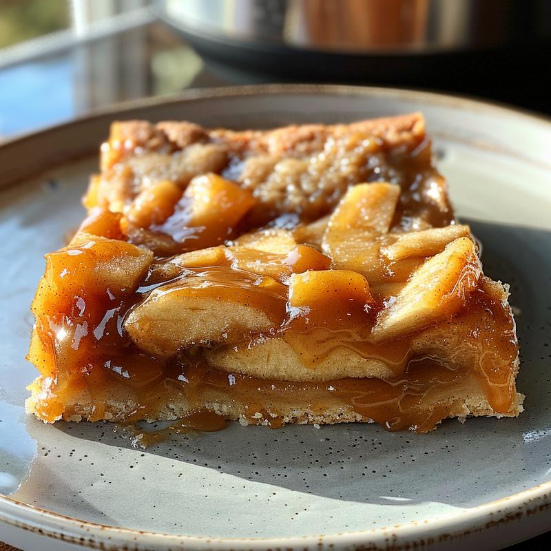 Close-up of a slice of caramel apple dump cake on a light grey plate.
